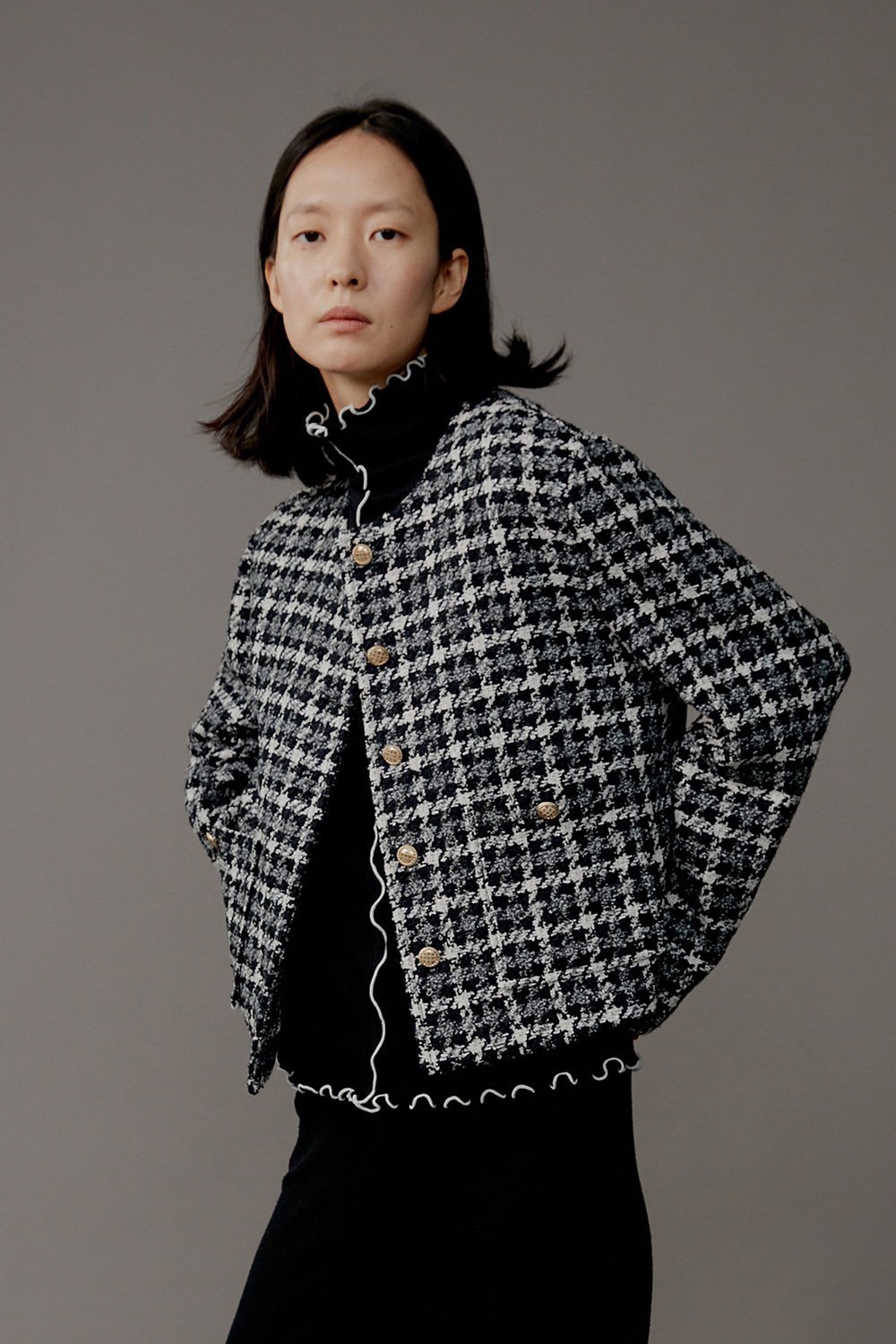 Jacket Round Crop Classic Check Wool Blend Black - M size Only